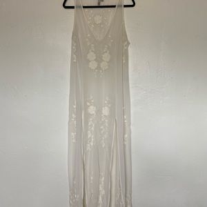 White, sheer, maxi cover up with embroidery slits